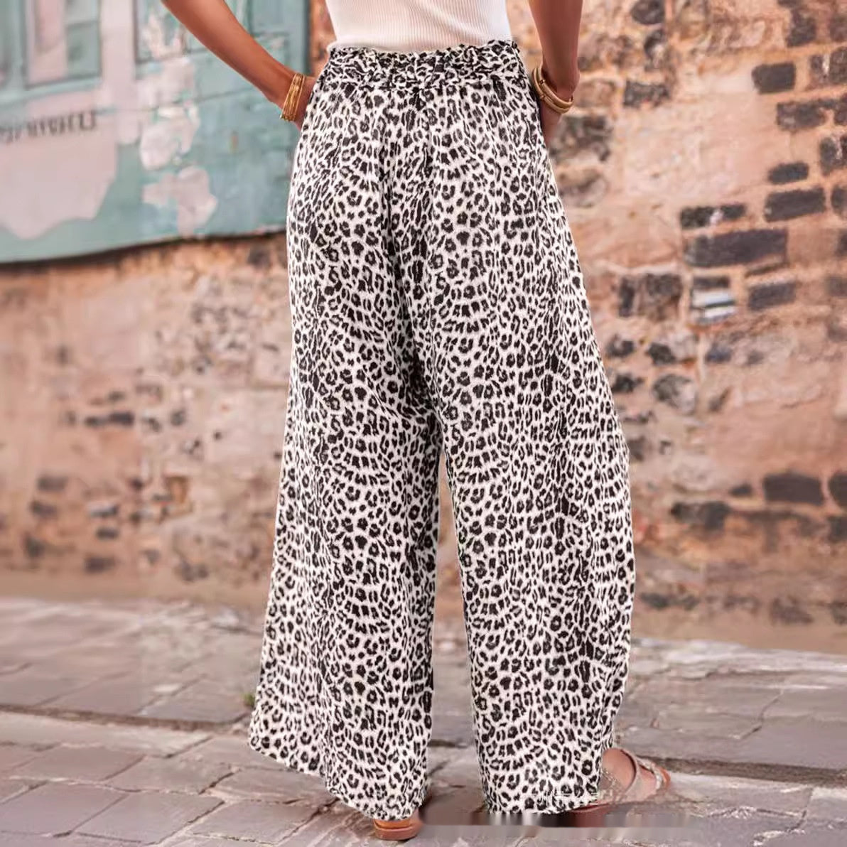 Bohemian Leopard Print Wide Leg Pants