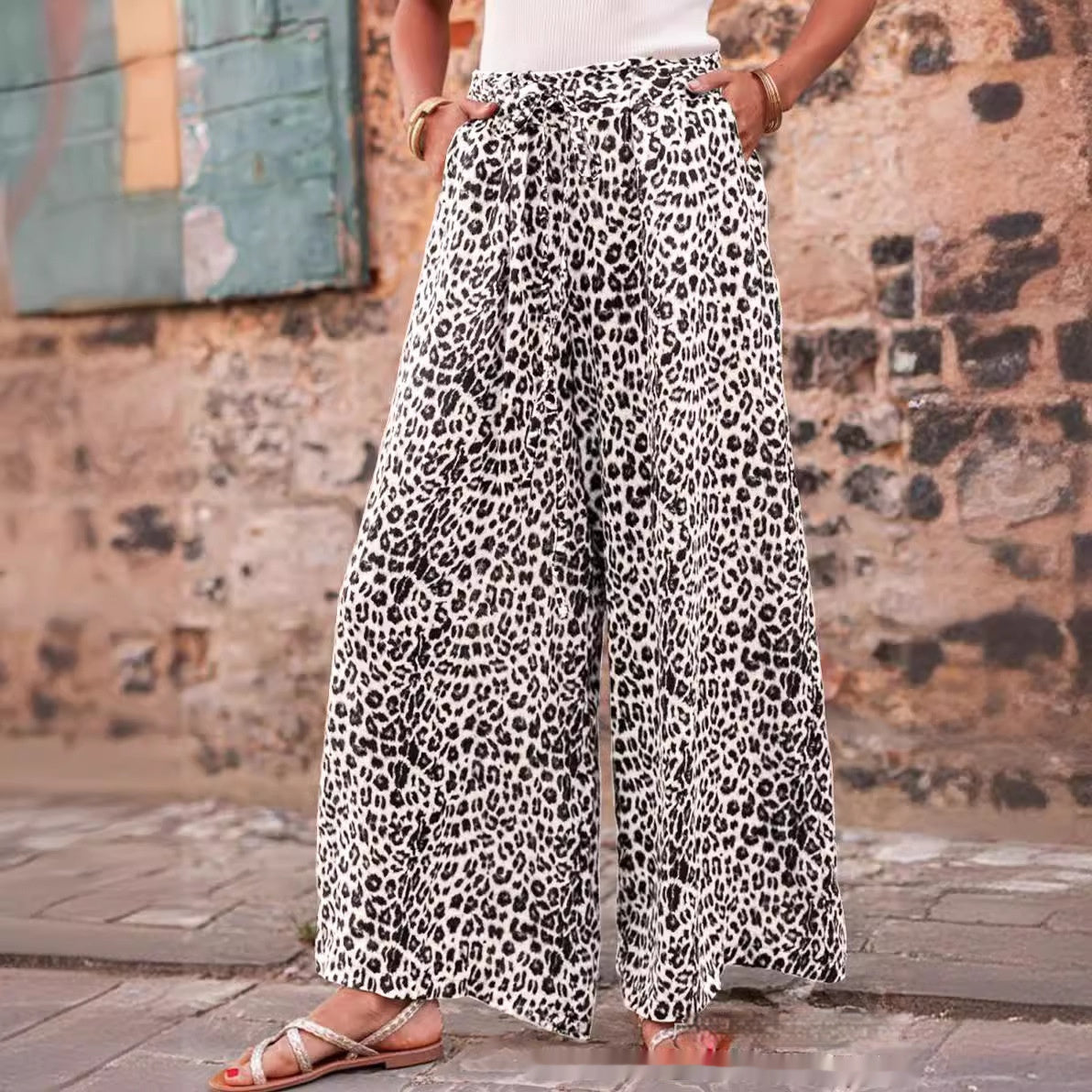 Bohemian Leopard Print Wide Leg Pants