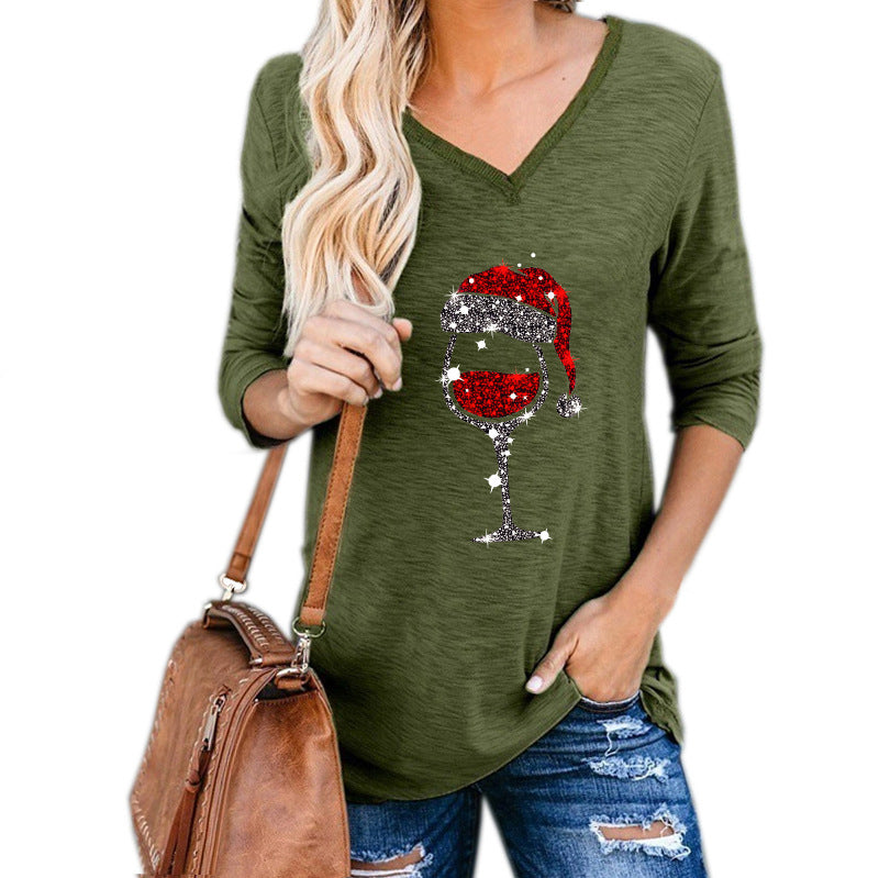 Christmas Wine Glass Print Plus Size Women Clothing