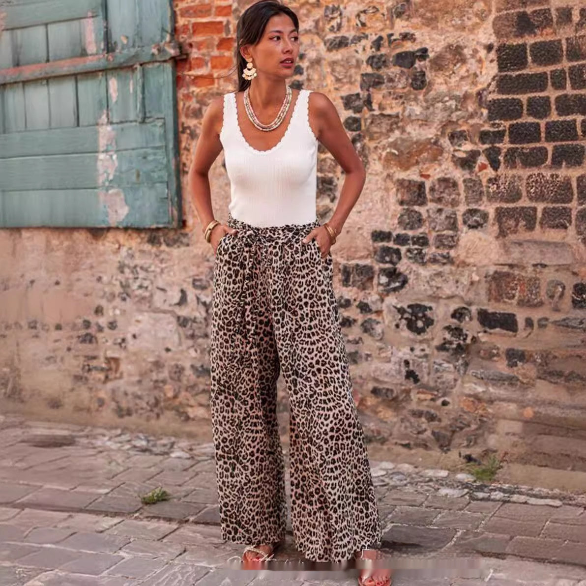 Bohemian Leopard Print Wide Leg Pants