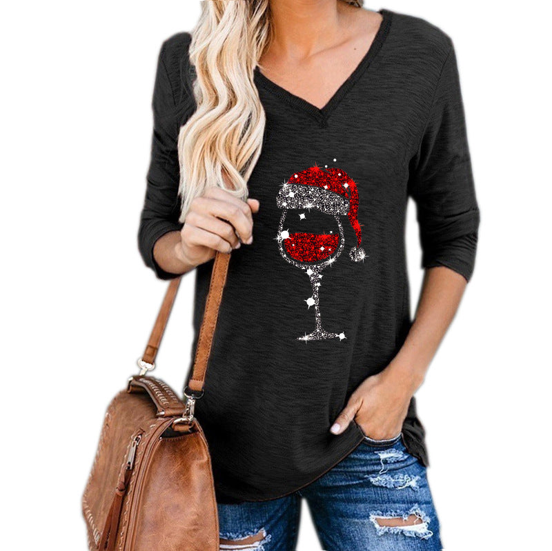 Christmas Wine Glass Print Plus Size Women Clothing