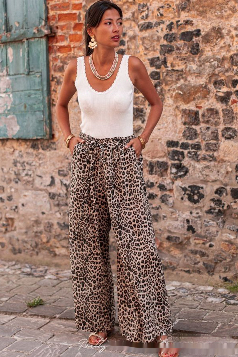 Bohemian Leopard Print Wide Leg Pants