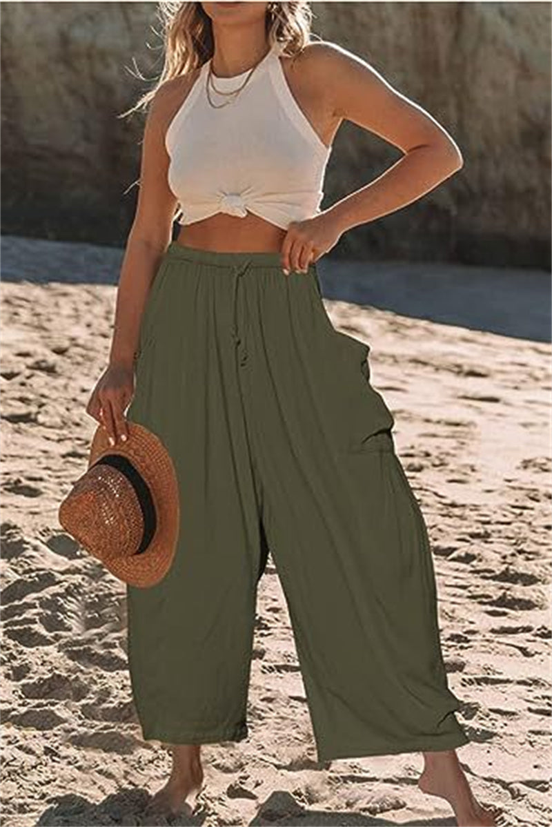 Fashion Wide Leg Pants Summer Loose Elastic High Waist Pleated Trousers Solid Color Womens Clothing