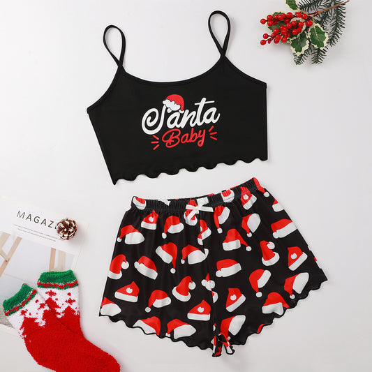 Women's 2 piece Christmas print Spaghetti Straps Sleeveless top and short pajama,sleepwear