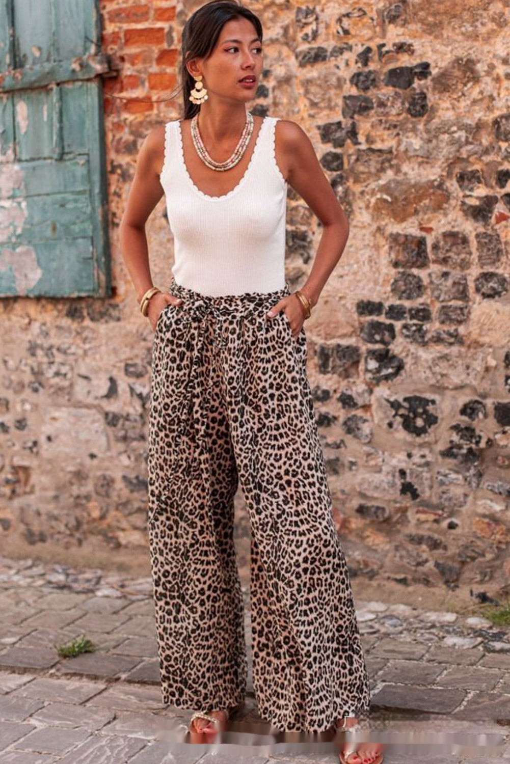 Bohemian Leopard Print Wide Leg Pants