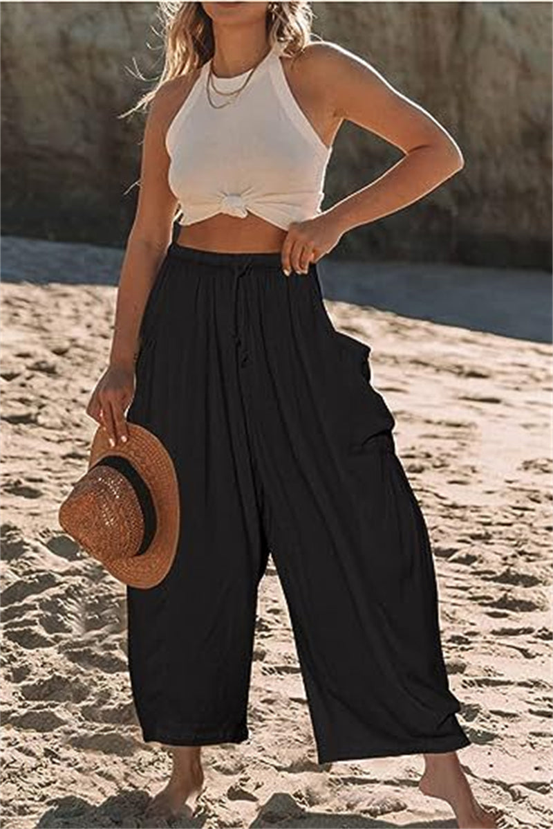 Fashion Wide Leg Pants Summer Loose Elastic High Waist Pleated Trousers Solid Color Womens Clothing